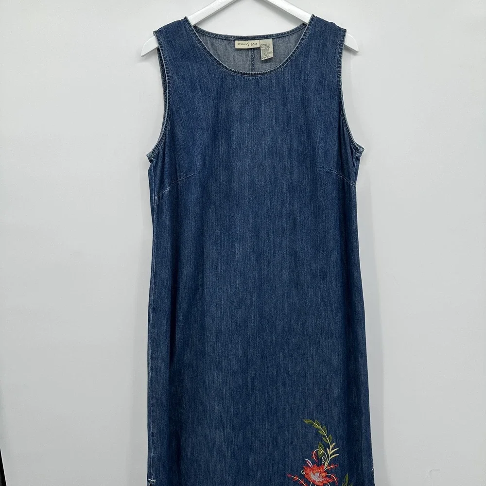 Vintage‎ Y2K Maxi Denim Dress Jumper 14W Floral Embroidered Minimalist Grunge